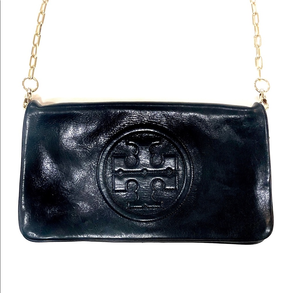 Black Tory Burch Crossbody Leather Flap Bag With Gold Chain